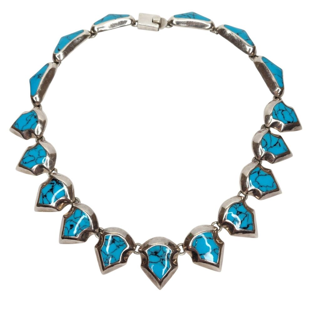 Vintage Taxco Mexico Silver 950 Turquoise Necklace TC-264 Marked 91g